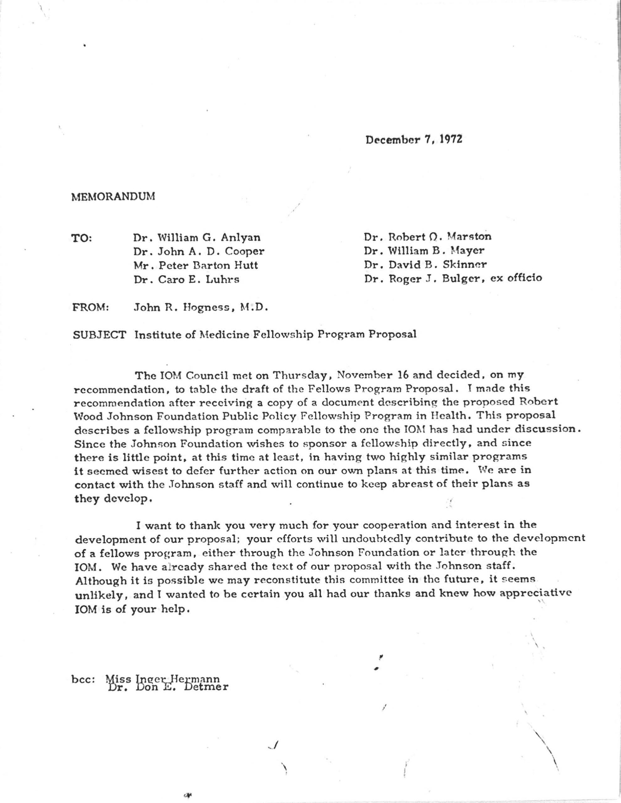 Hogness Memo December 1972